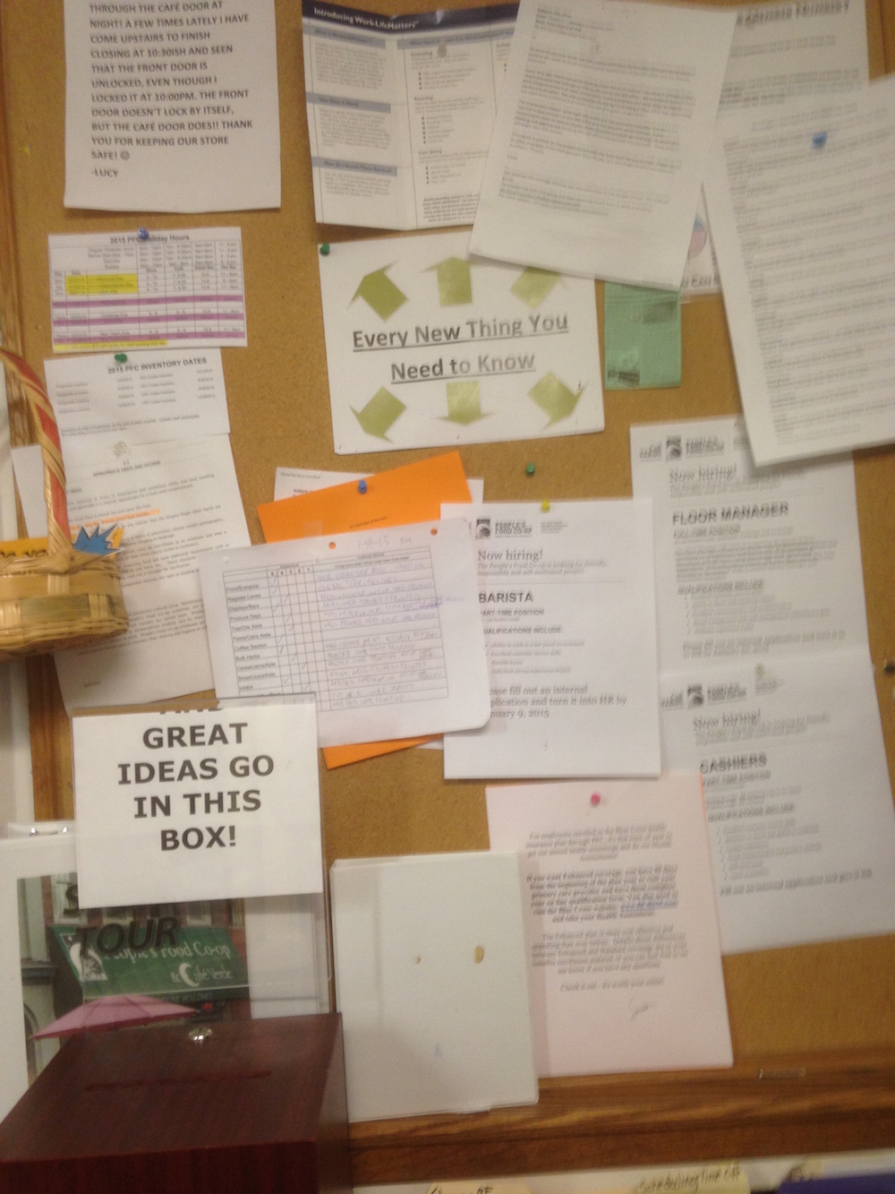 coop papers nailed on a corkboard